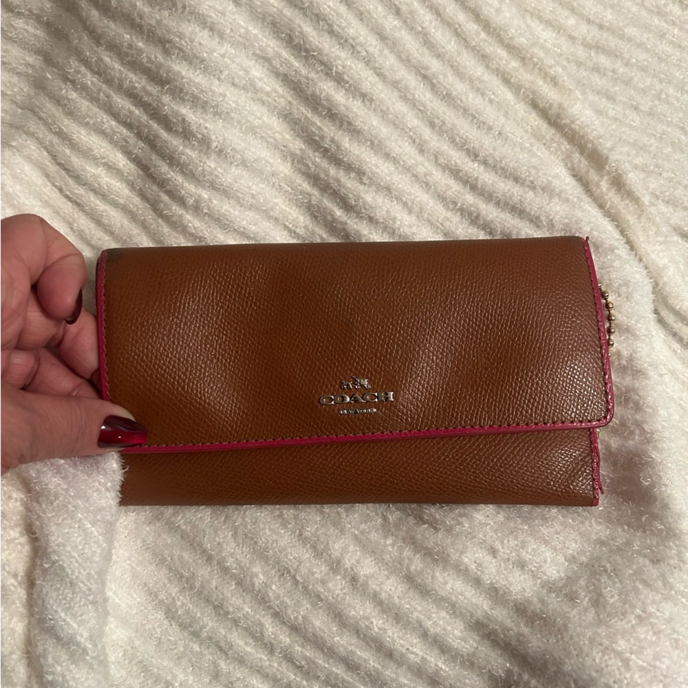 Coach Tan Leather Wallet with Pink Trim